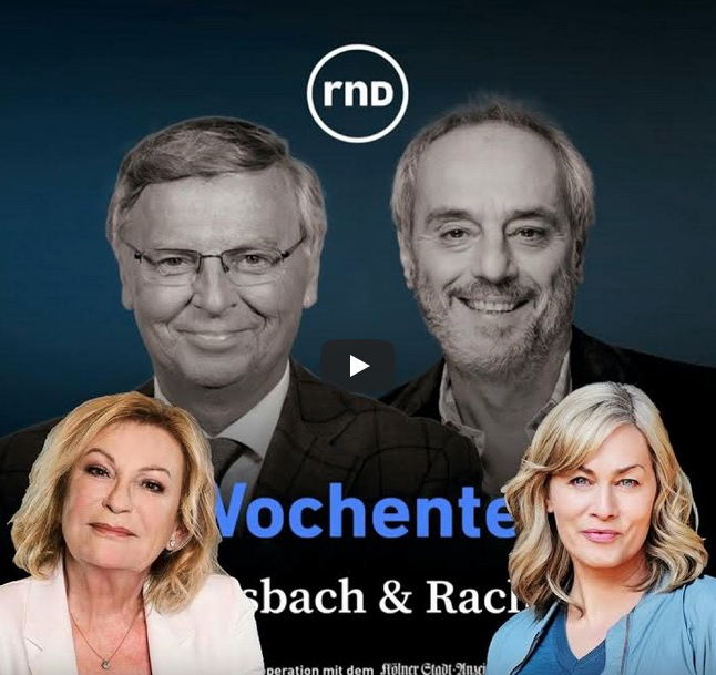 Cover des Podcasts Wochentester: in schwarzweiß die Gesichter der Hosts Wolfgang Bosbach und Christian Rach, darunter die Gesichter der Gästinnen Sabine Christiansen und Gesine Cukrowski