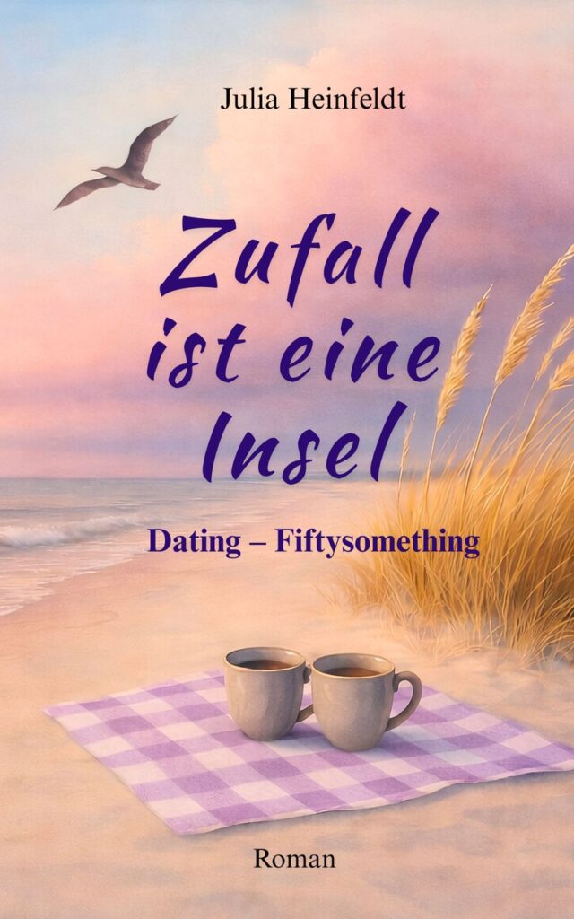 Buchcover "Zufall ist eine Insel" von Julia Heinfeldt. Im Zeichenstil ist eine karierte Picknickdecke mit zwei Tassen am Strand zu sehen. Links ist das Meer, rechts Strandhafer