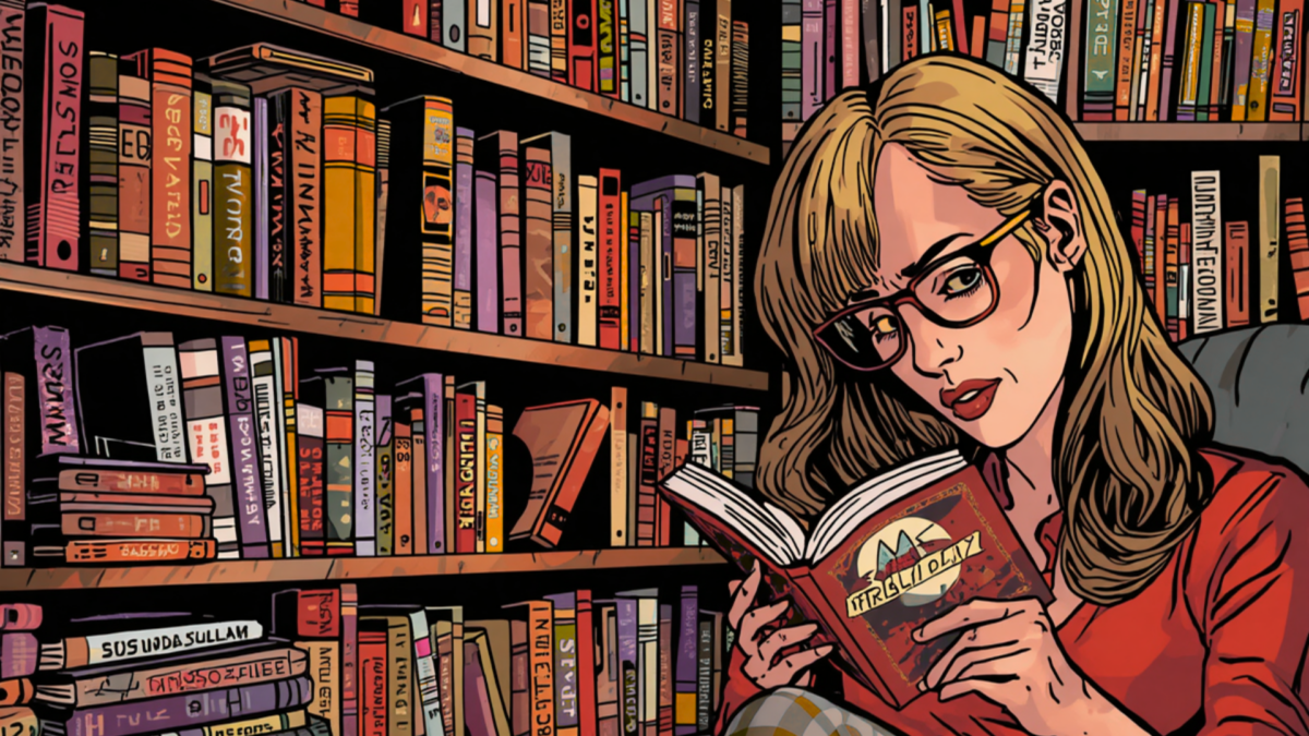 Zeichnung einer Frau mit langen dunkelblonden Haare und Brille vor einer Bücherwand. Sie hält ein Buch in den Händen (KI-generiert)