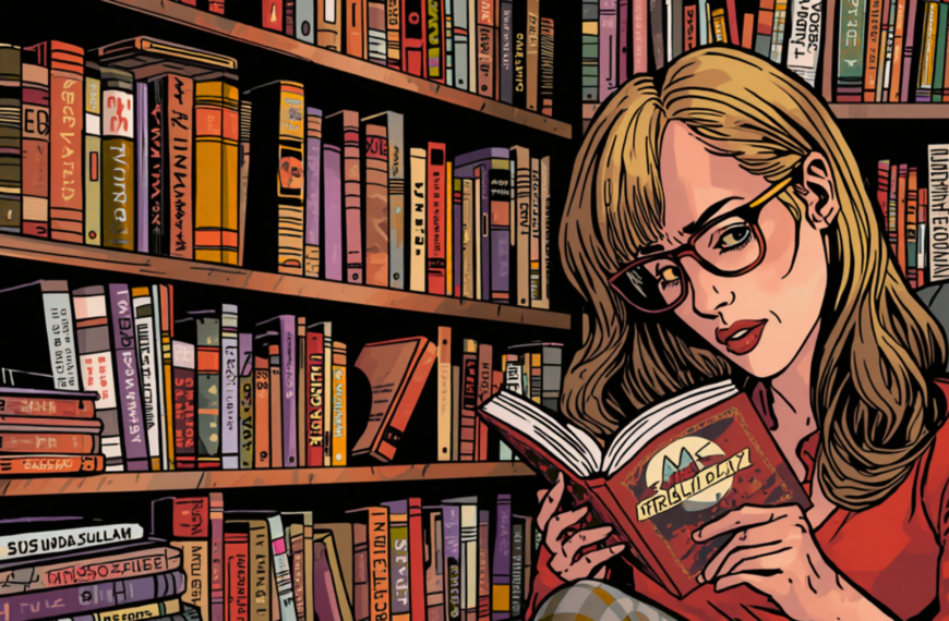Zeichnung einer Frau mit langen dunkelblonden Haare und Brille vor einer Bücherwand. Sie hält ein Buch in den Händen (KI-generiert)